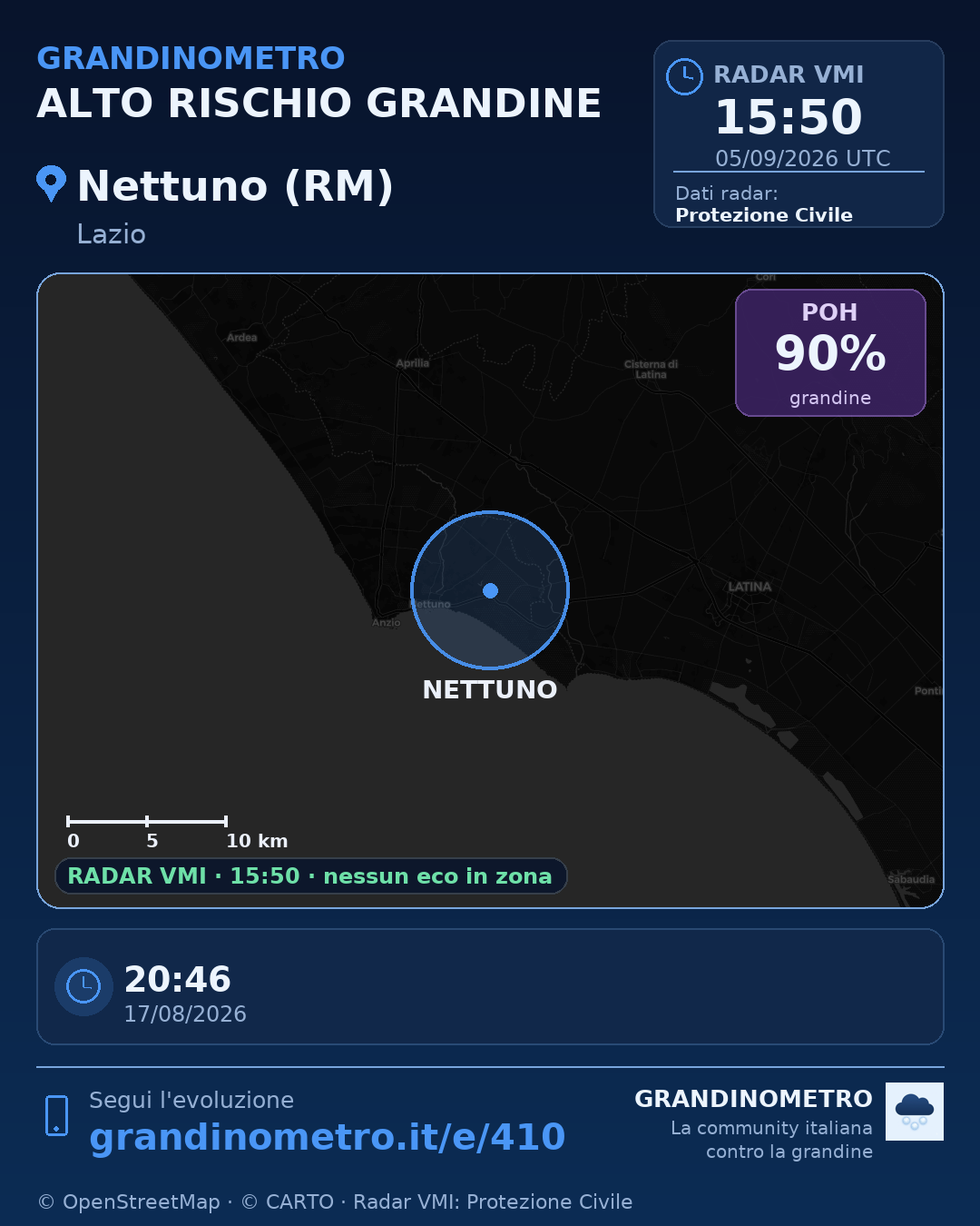 Mappa dell'evento: grandine a Nettuno (RM)