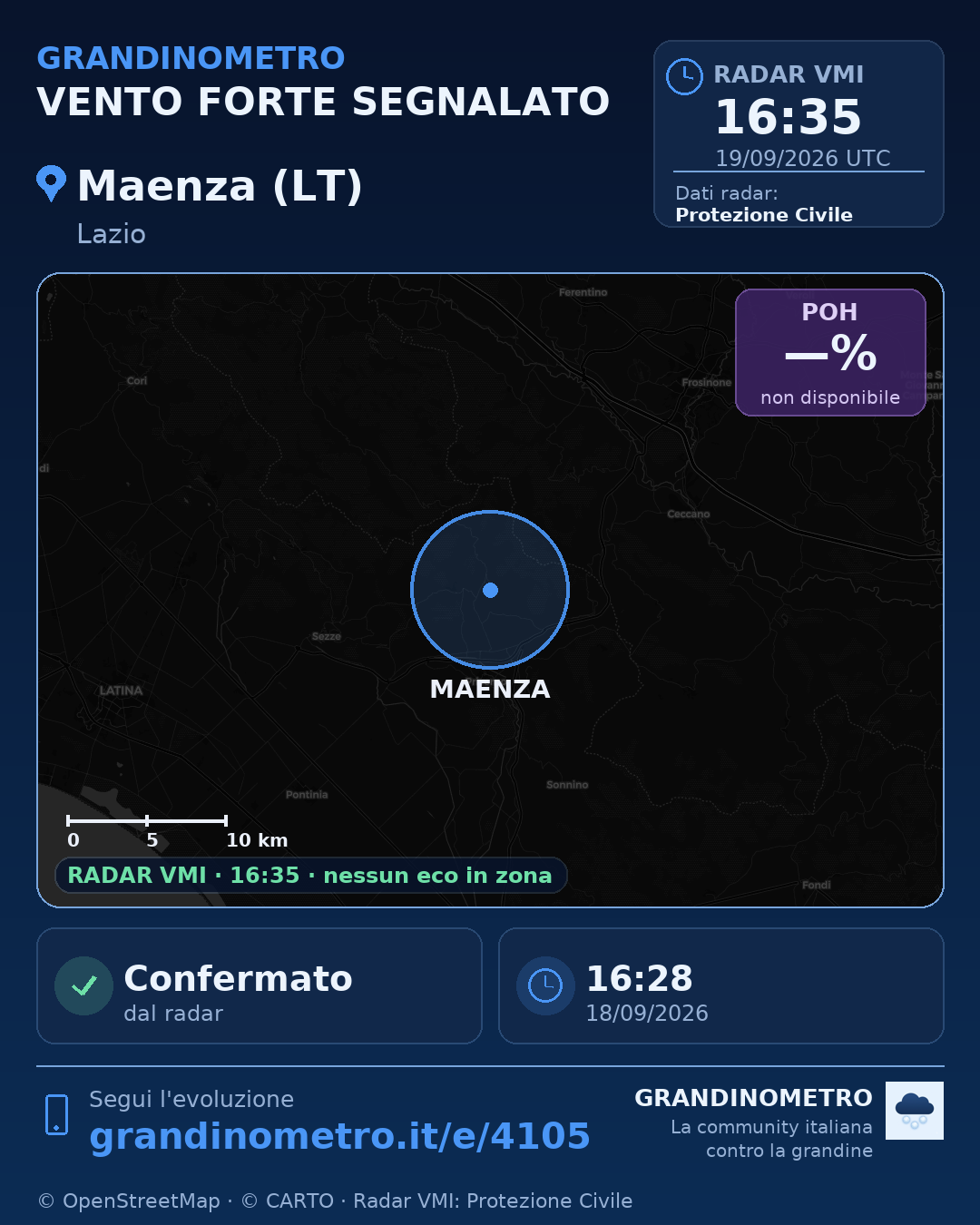 Mappa dell'evento: vento forte a Maenza (LT)