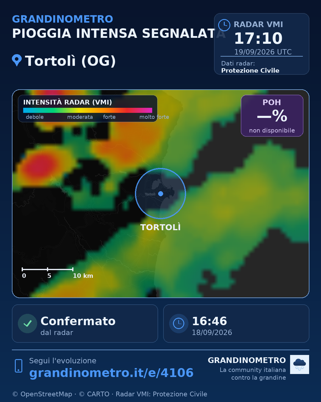Mappa dell'evento: pioggia intensa a Tortolì (OG)