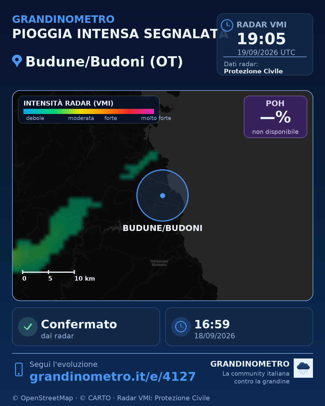 Mappa dell'evento: pioggia intensa a Budune/Budoni (OT)