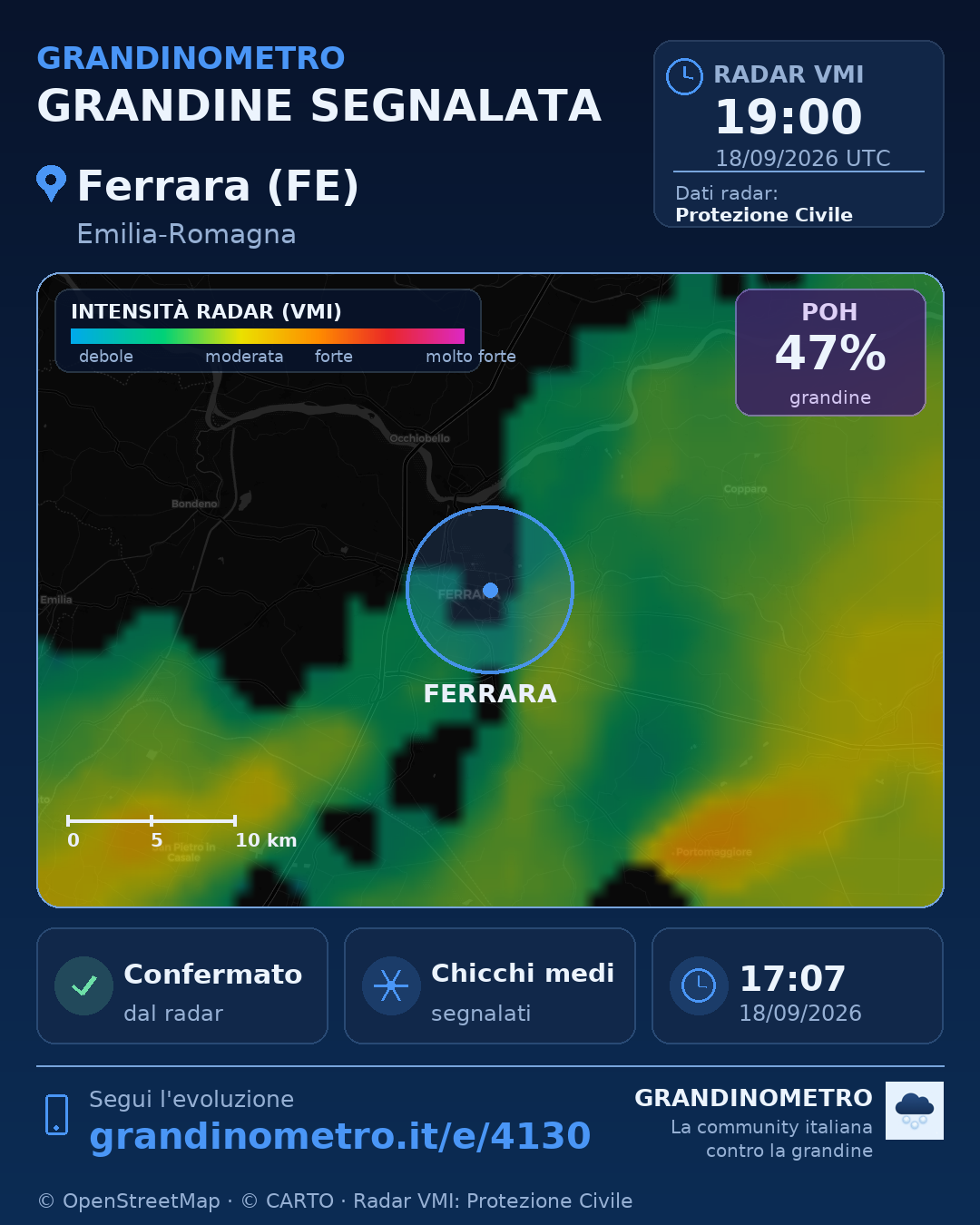 Mappa dell'evento: grandine a Ferrara (FE)
