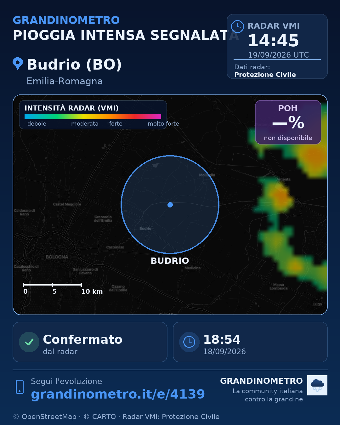 Mappa dell'evento: pioggia intensa a Budrio (BO)