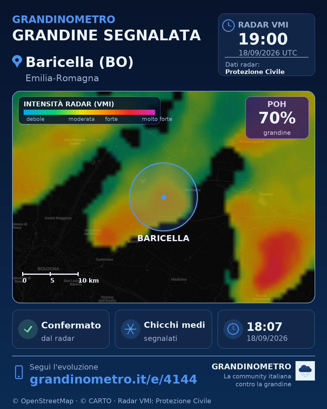 Mappa dell'evento: grandine a Baricella (BO)
