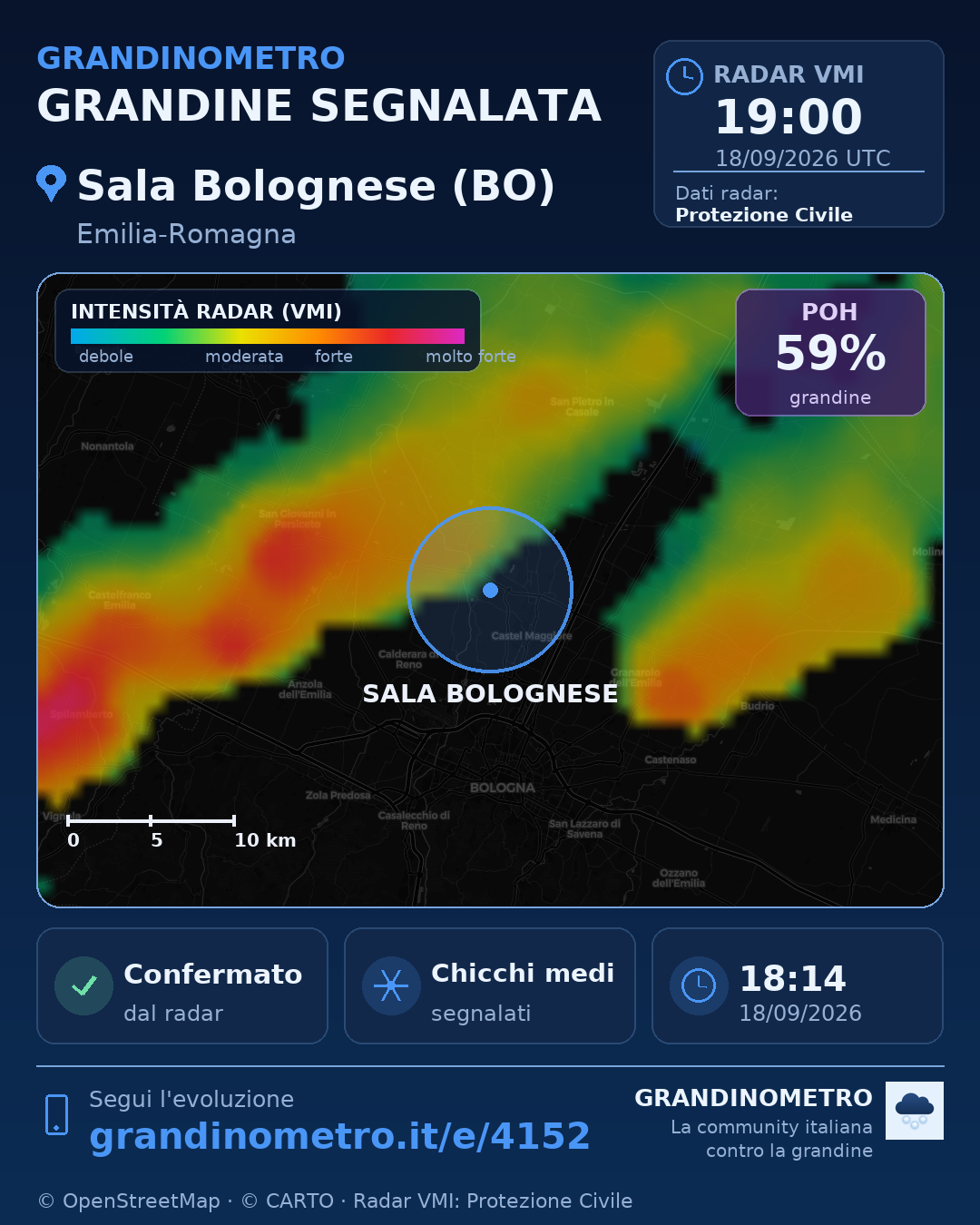 Mappa dell'evento: grandine a Sala Bolognese (BO)