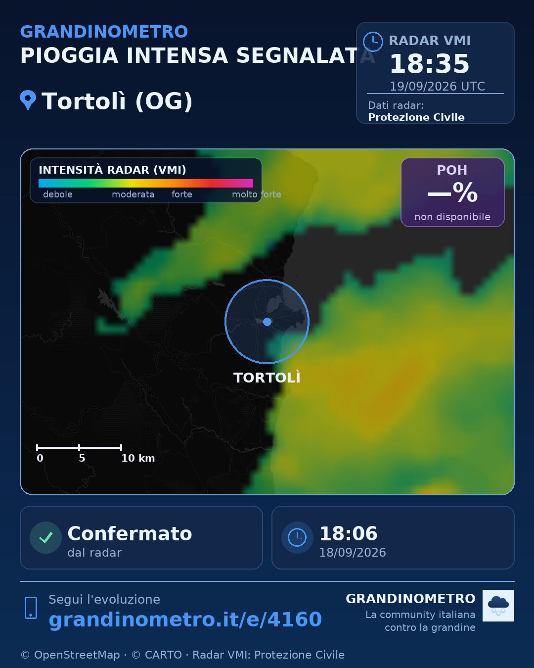 Mappa dell'evento: pioggia intensa a Tortolì (OG)