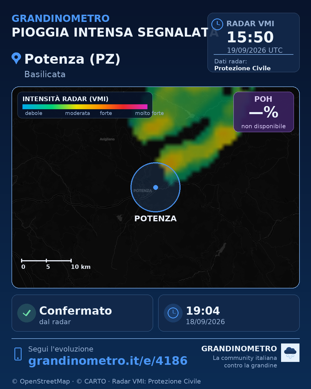 Mappa dell'evento: pioggia intensa a Potenza (PZ)
