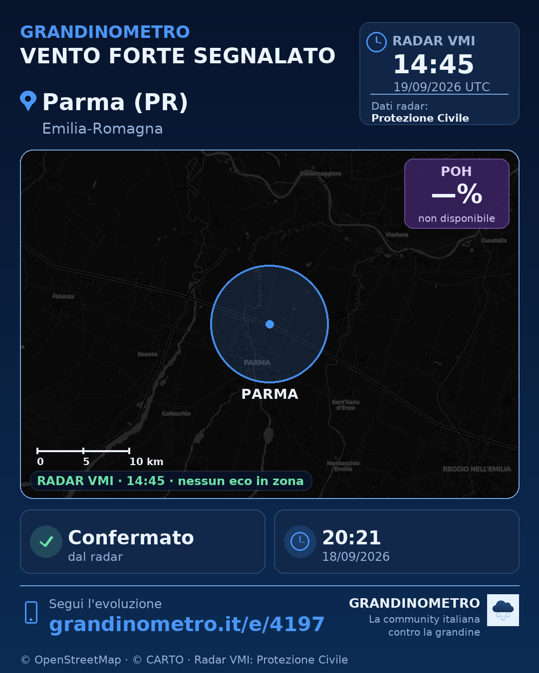 Mappa dell'evento: vento forte a Parma (PR)