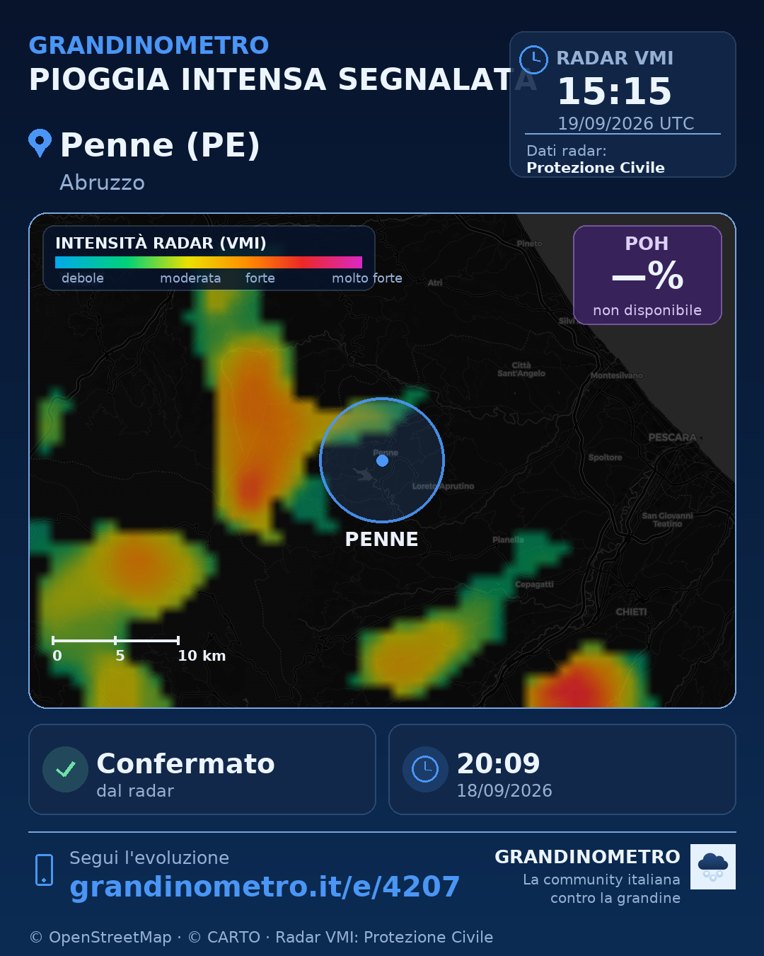 Mappa dell'evento: pioggia intensa a Penne (PE)