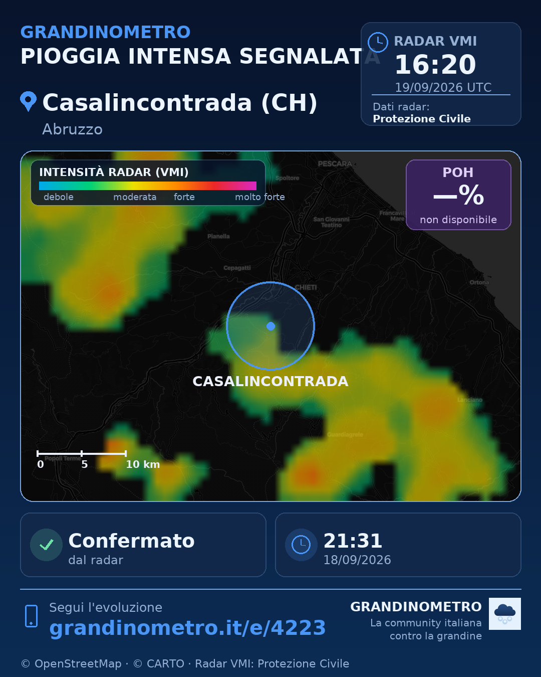 Mappa dell'evento: pioggia intensa a Casalincontrada (CH)