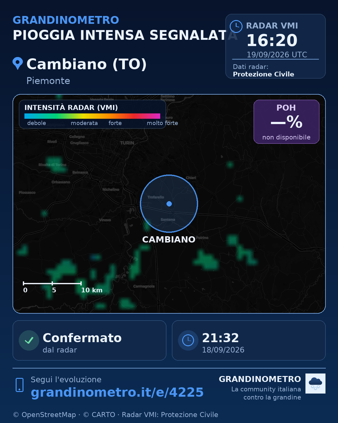 Mappa dell'evento: pioggia intensa a Cambiano (TO)