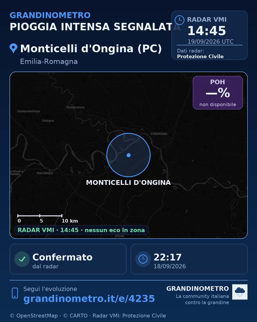 Mappa dell'evento: pioggia intensa a Monticelli d'Ongina (PC)