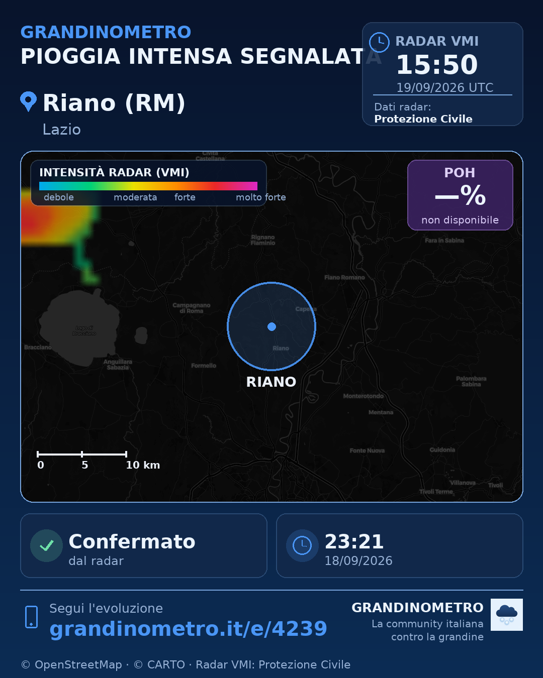 Mappa dell'evento: pioggia intensa a Riano (RM)