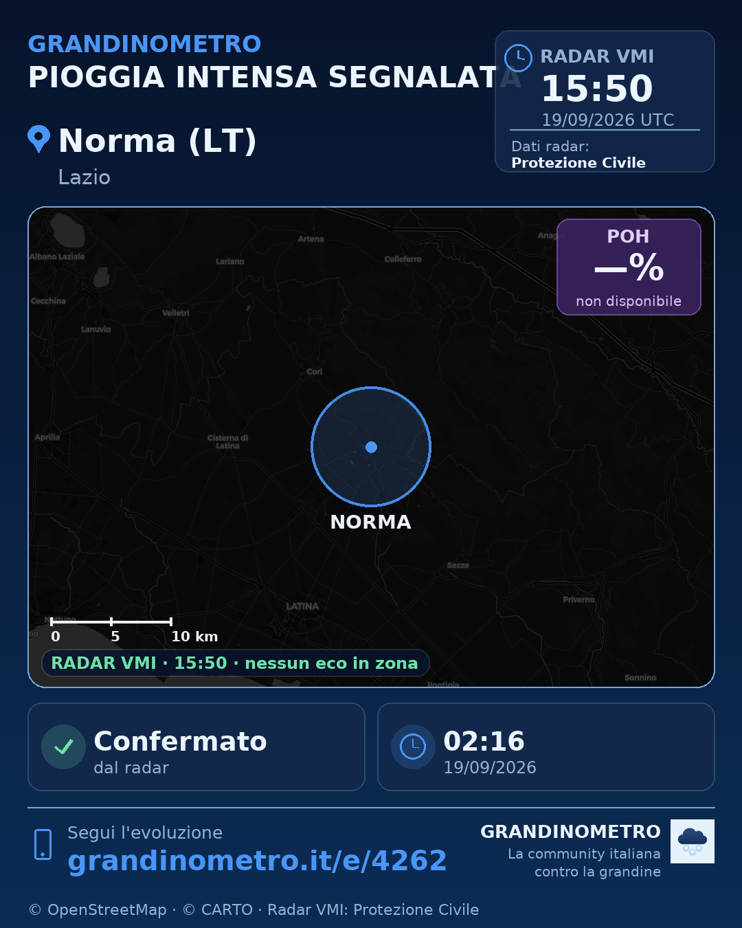 Mappa dell'evento: pioggia intensa a Norma (LT)