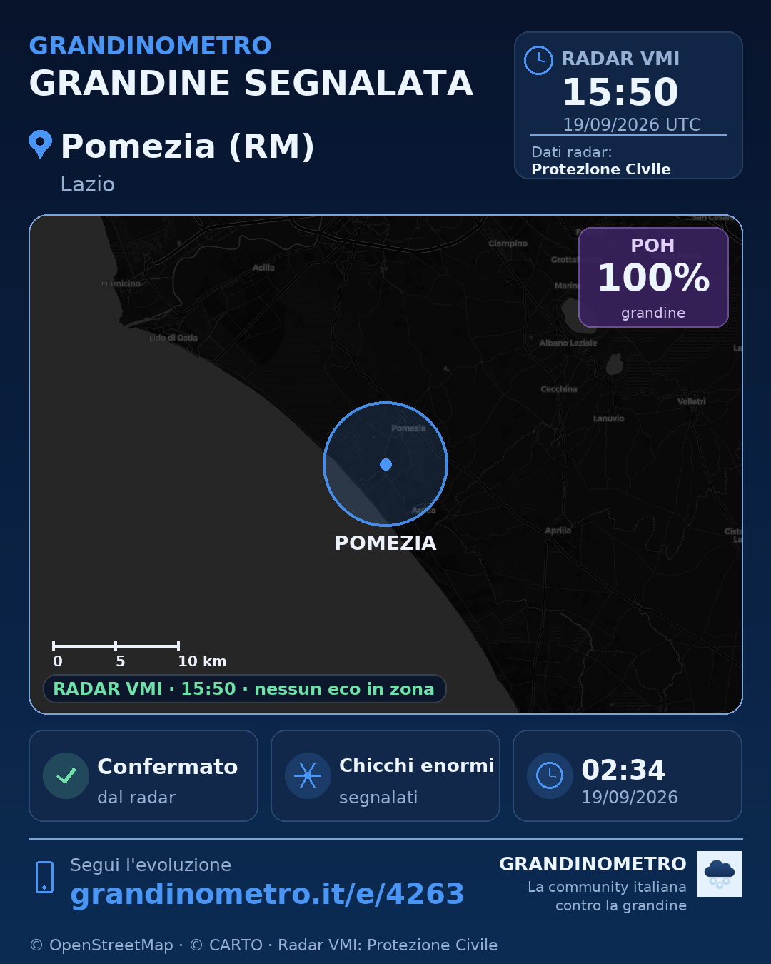 Mappa dell'evento: grandine a Pomezia (RM)