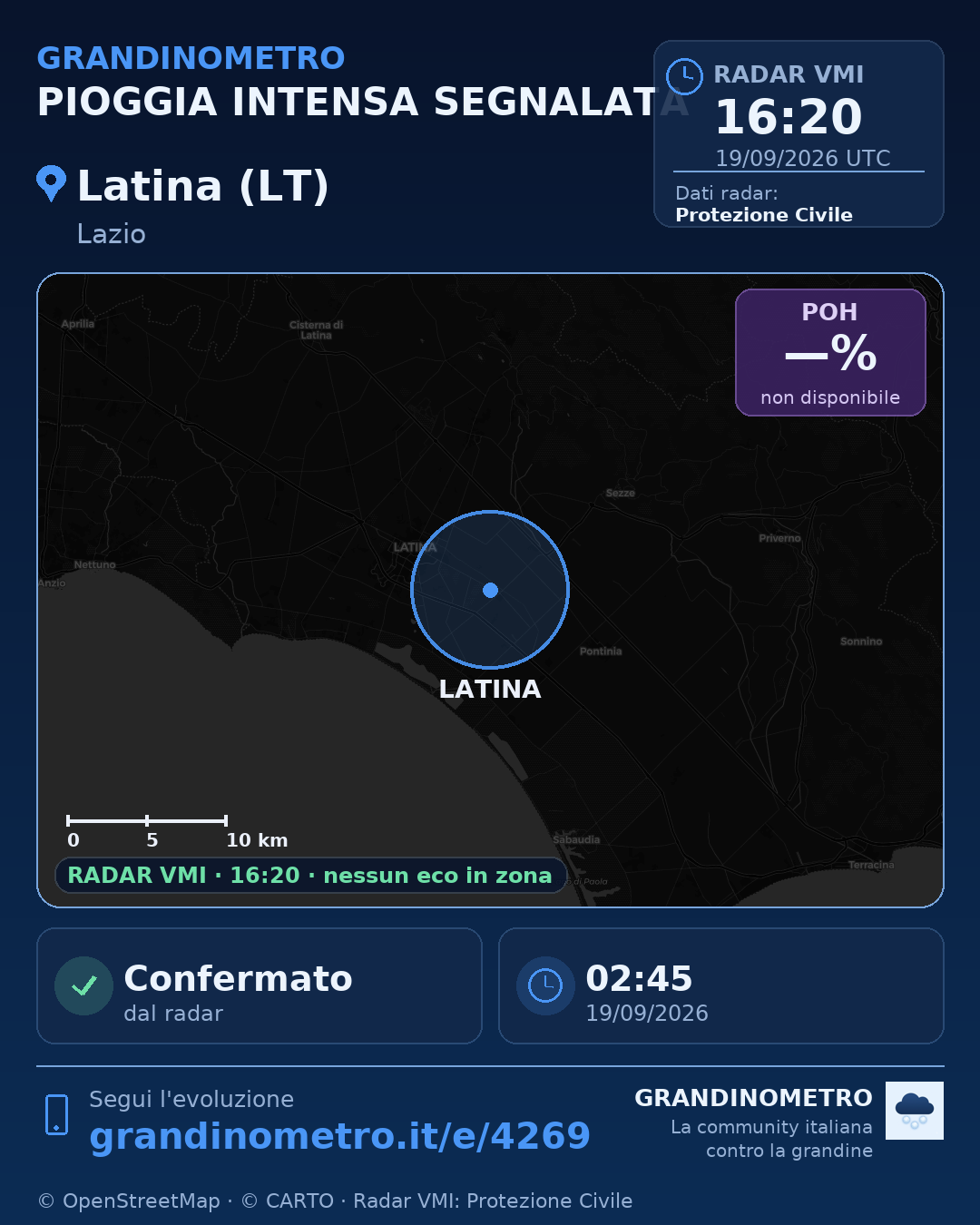 Mappa dell'evento: pioggia intensa a Latina (LT)