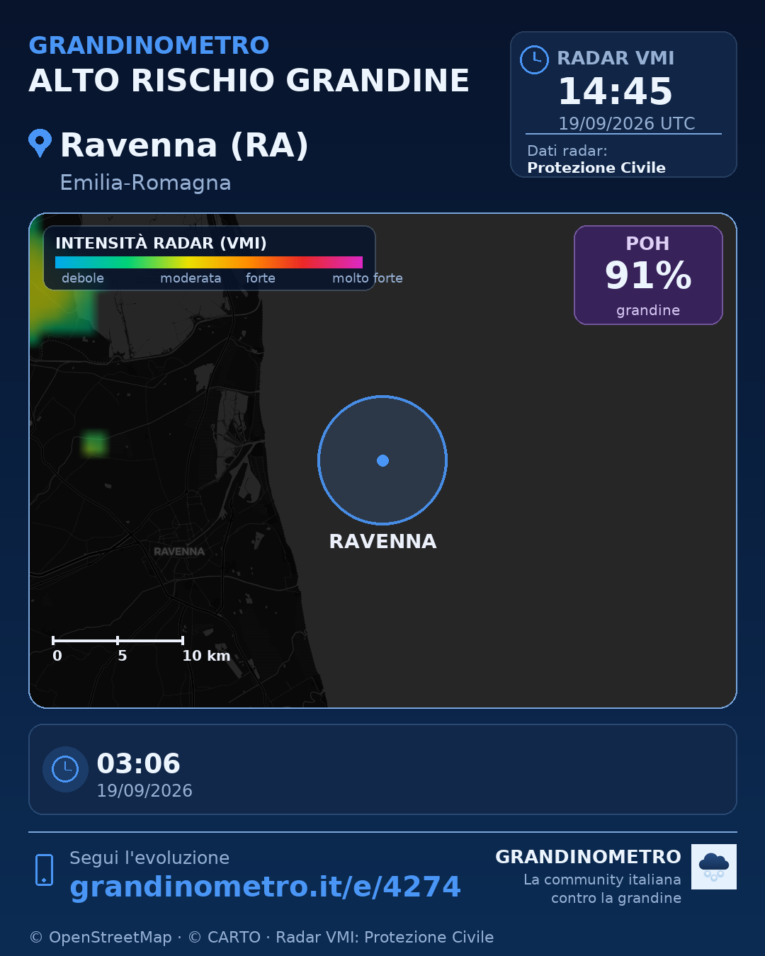 Mappa dell'evento: grandine a Ravenna (RA)
