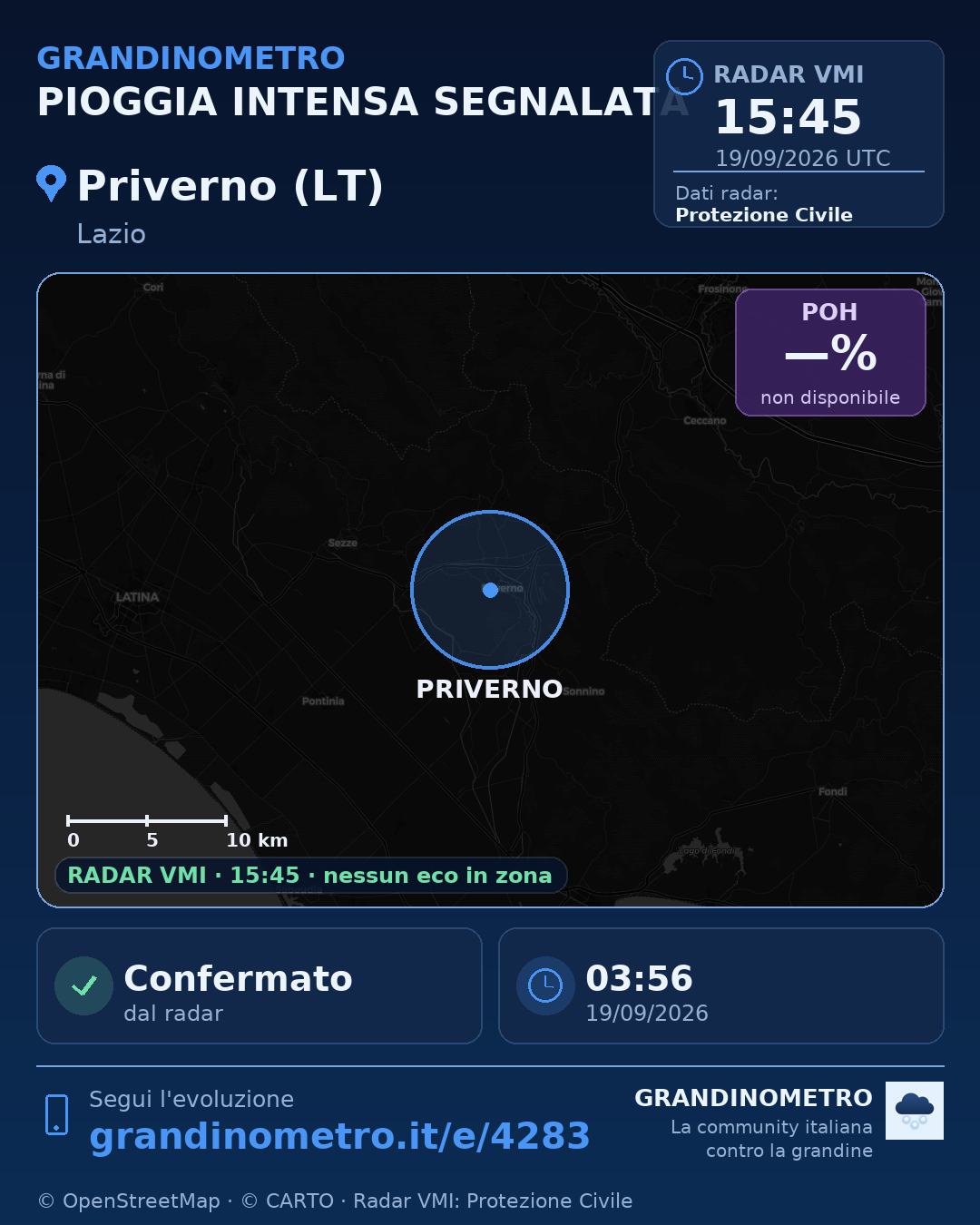 Mappa dell'evento: pioggia intensa a Priverno (LT)