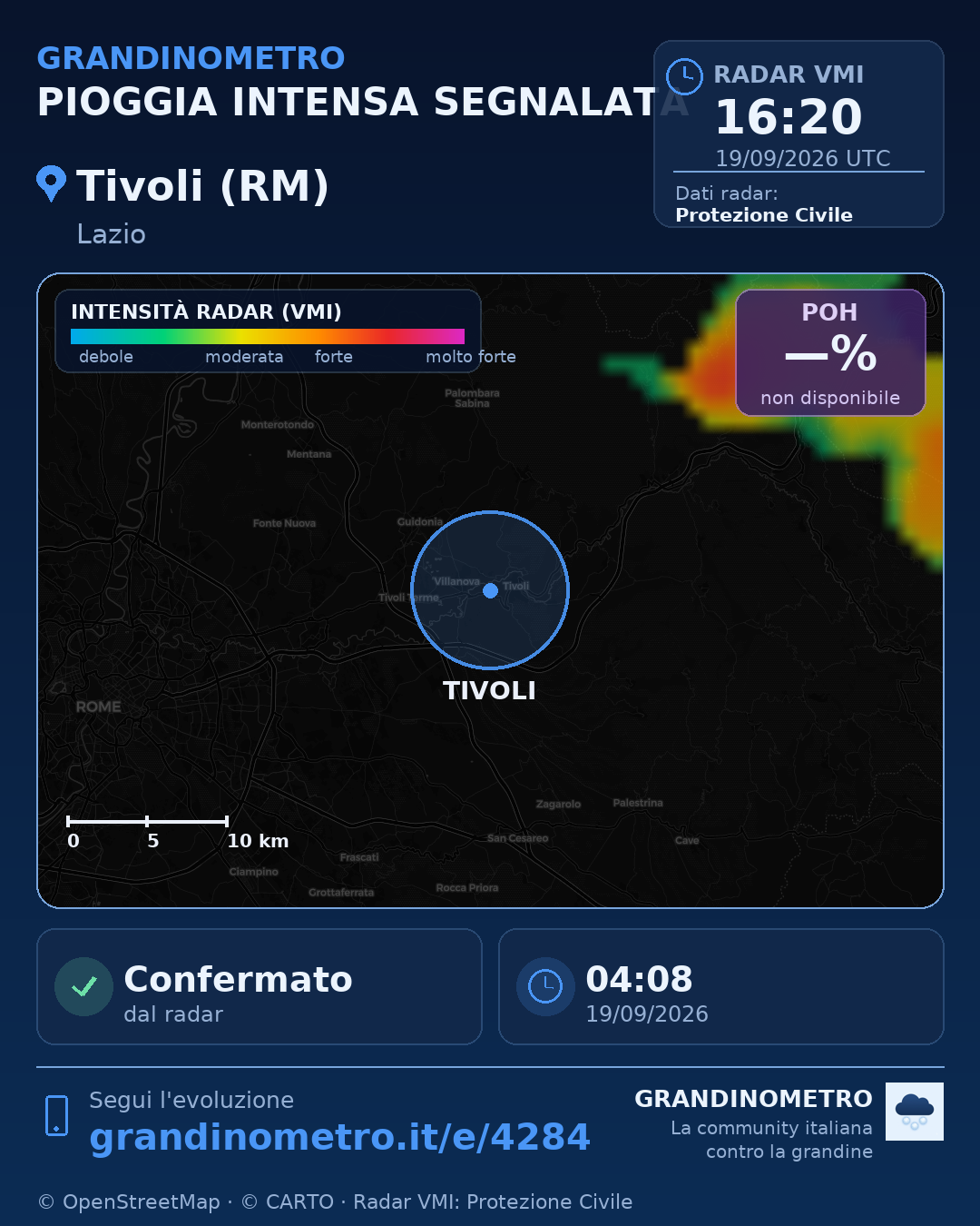 Mappa dell'evento: pioggia intensa a Tivoli (RM)