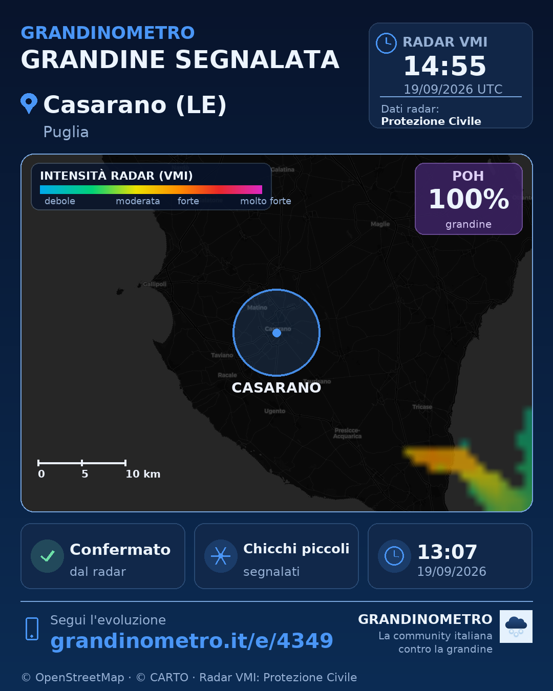 Mappa dell'evento: grandine a Casarano (LE)