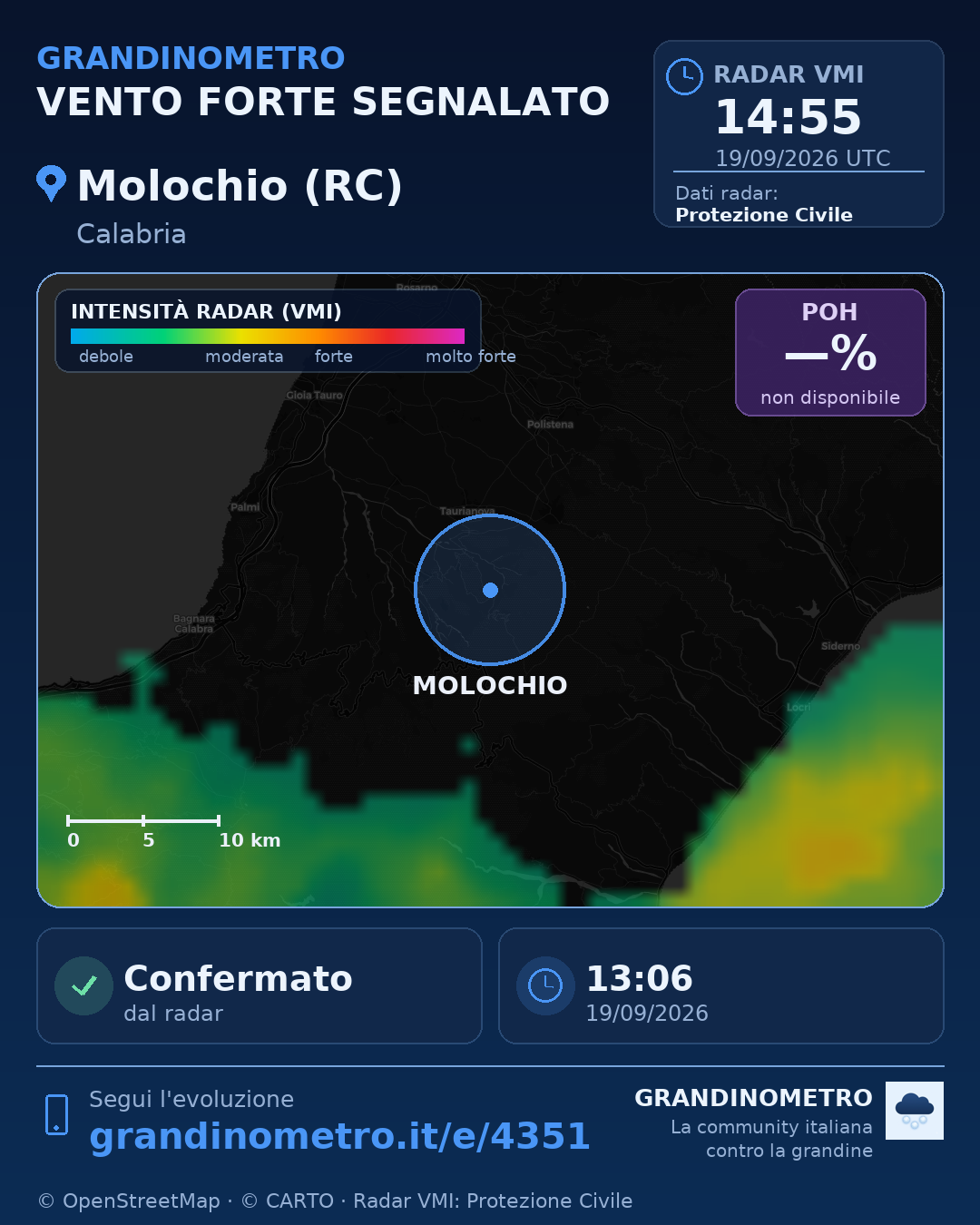 Mappa dell'evento: vento forte a Molochio (RC)