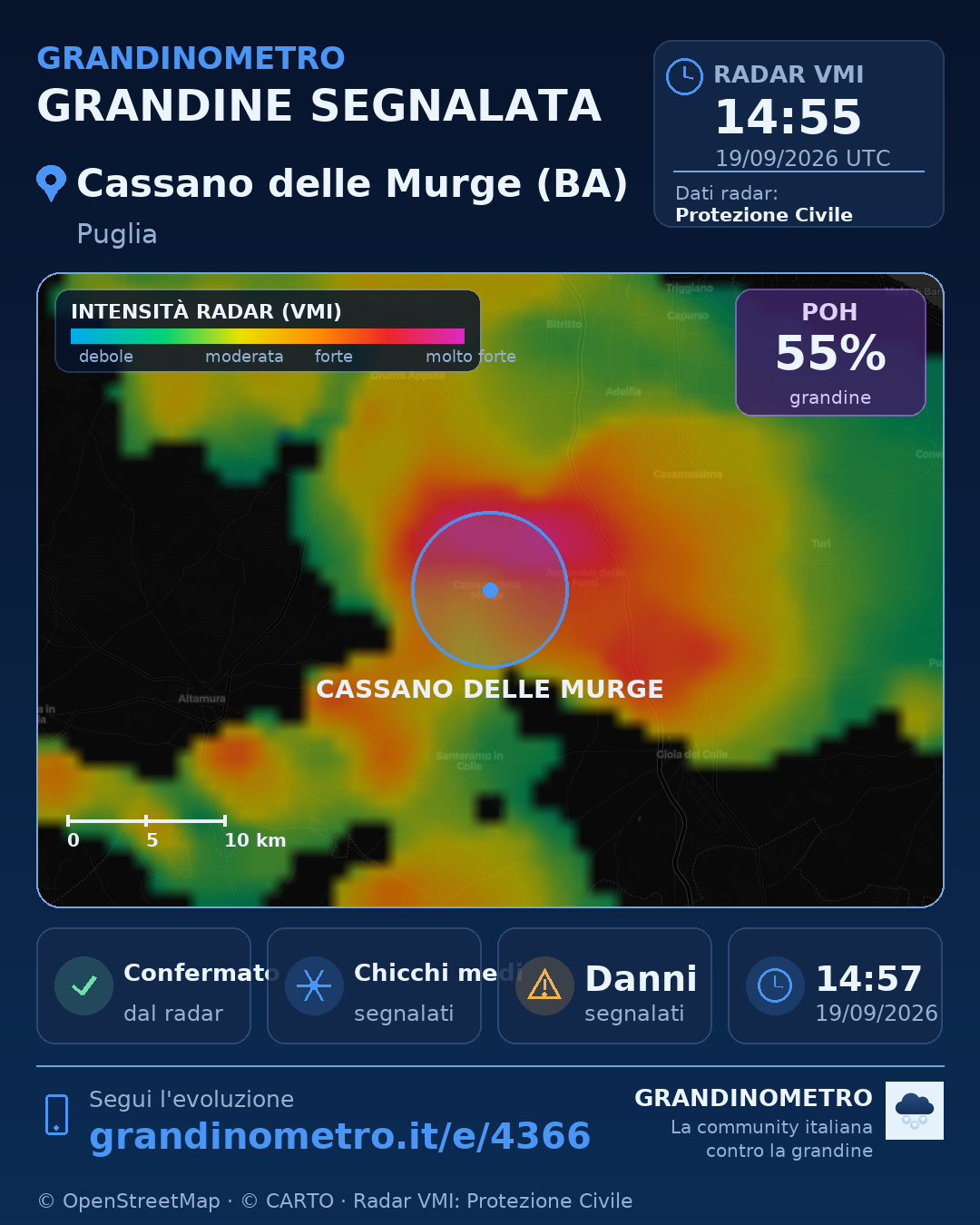 Mappa dell'evento: grandine a Cassano delle Murge (BA)