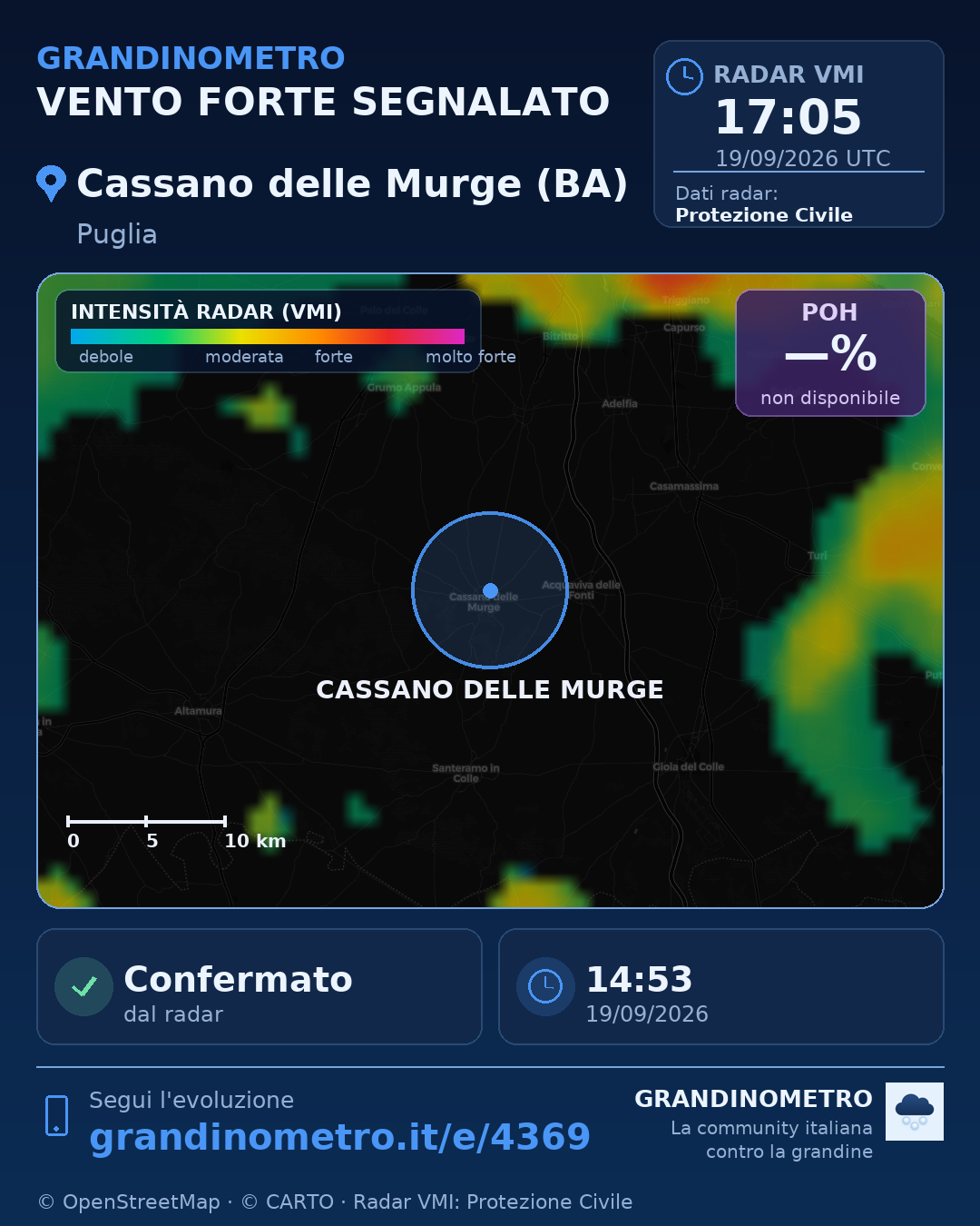 Mappa dell'evento: vento forte a Cassano delle Murge (BA)