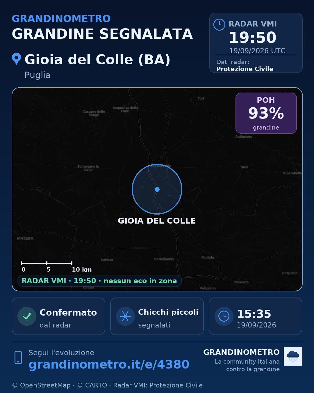 Mappa dell'evento: grandine a Gioia del Colle (BA)
