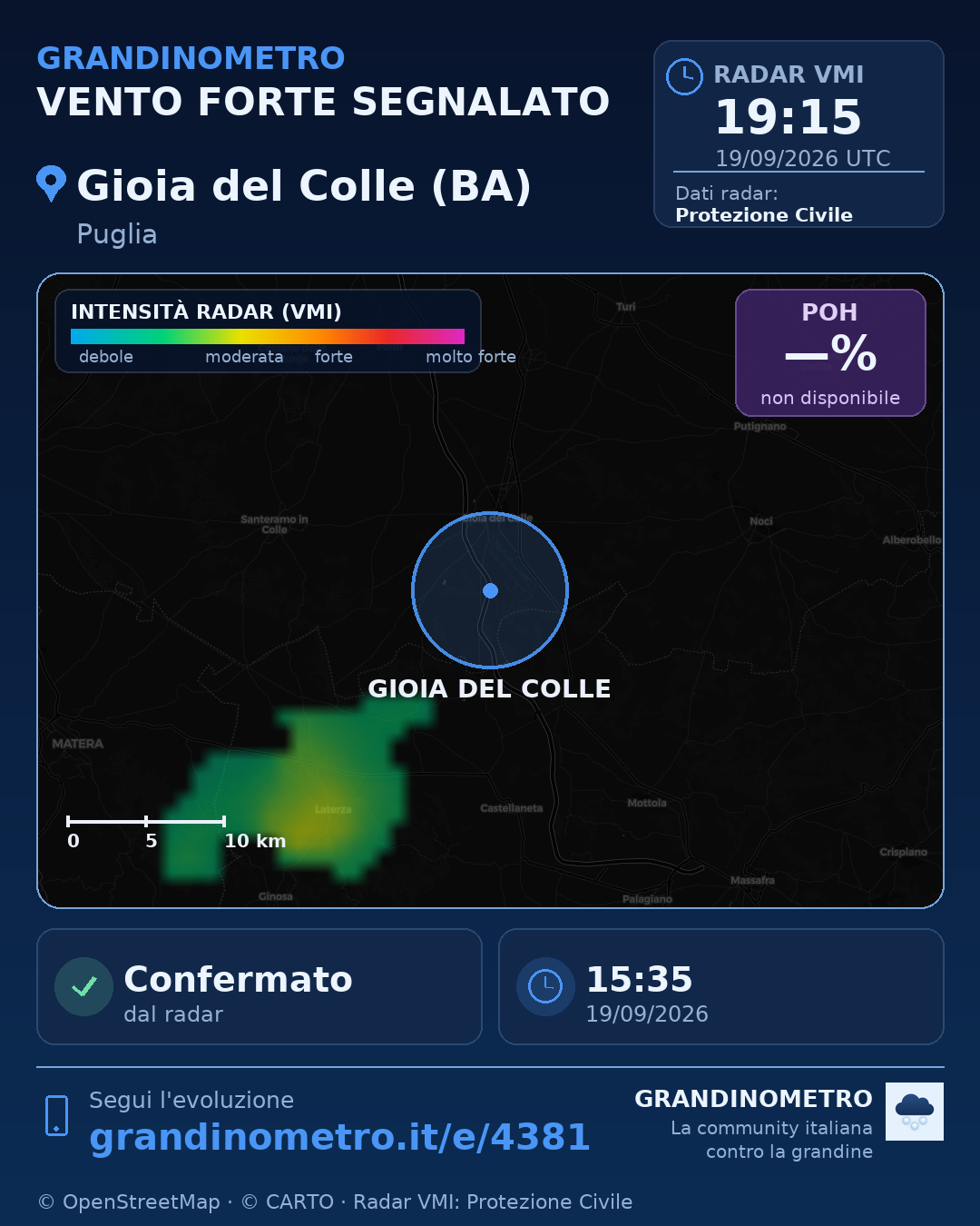 Mappa dell'evento: vento forte a Gioia del Colle (BA)