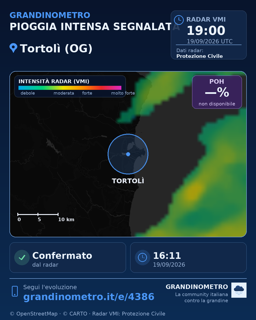 Mappa dell'evento: pioggia intensa a Tortolì (OG)
