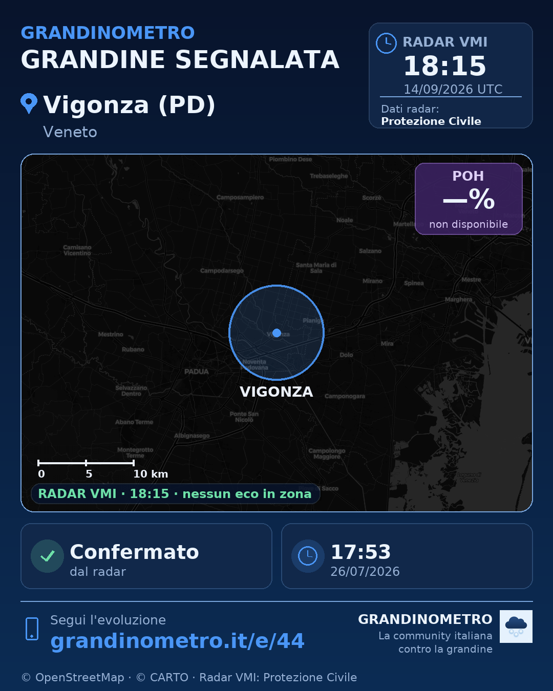 Mappa dell'evento: grandine a Vigonza (PD)