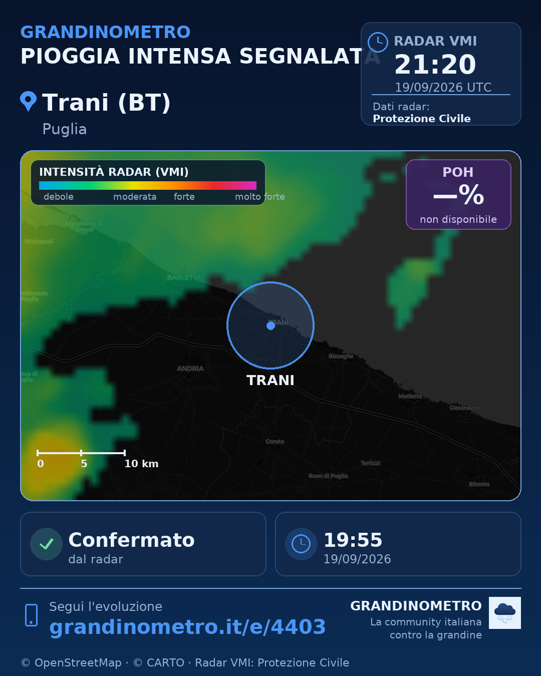Mappa dell'evento: pioggia intensa a Trani (BT)