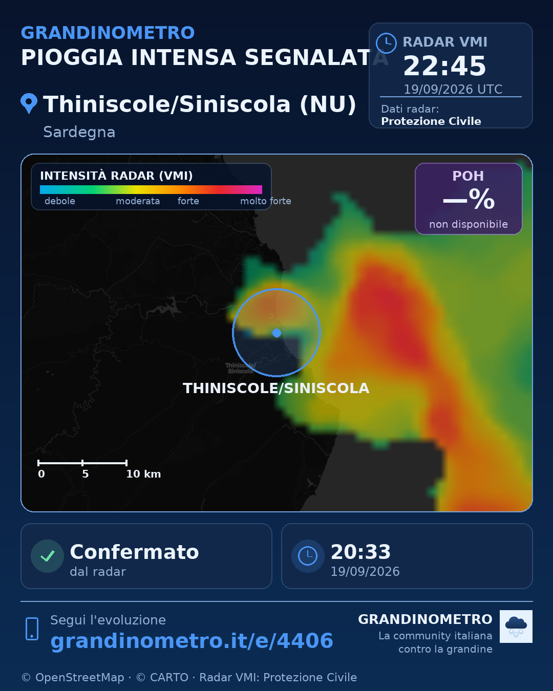Mappa dell'evento: pioggia intensa a Thiniscole/Siniscola (NU)