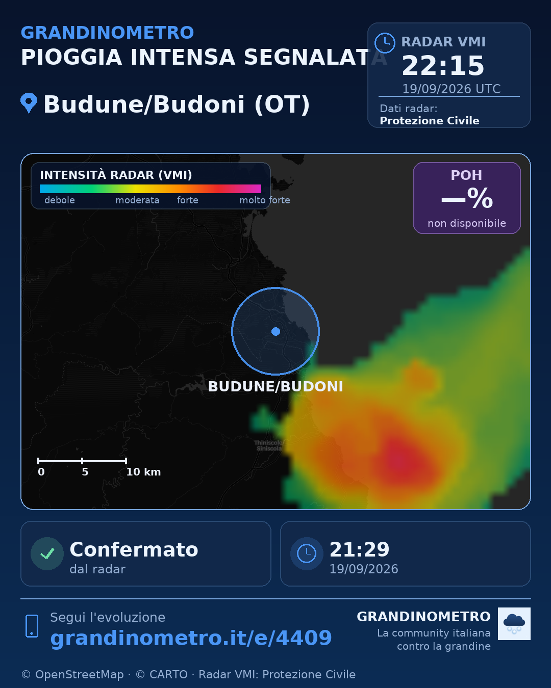 Mappa dell'evento: pioggia intensa a Budune/Budoni (OT)