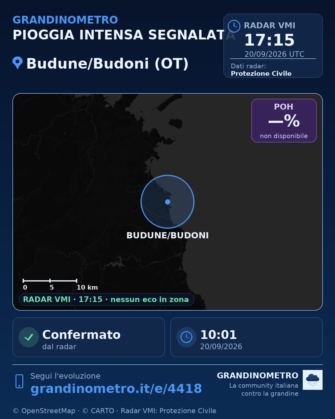 Mappa dell'evento: pioggia intensa a Budune/Budoni (OT)