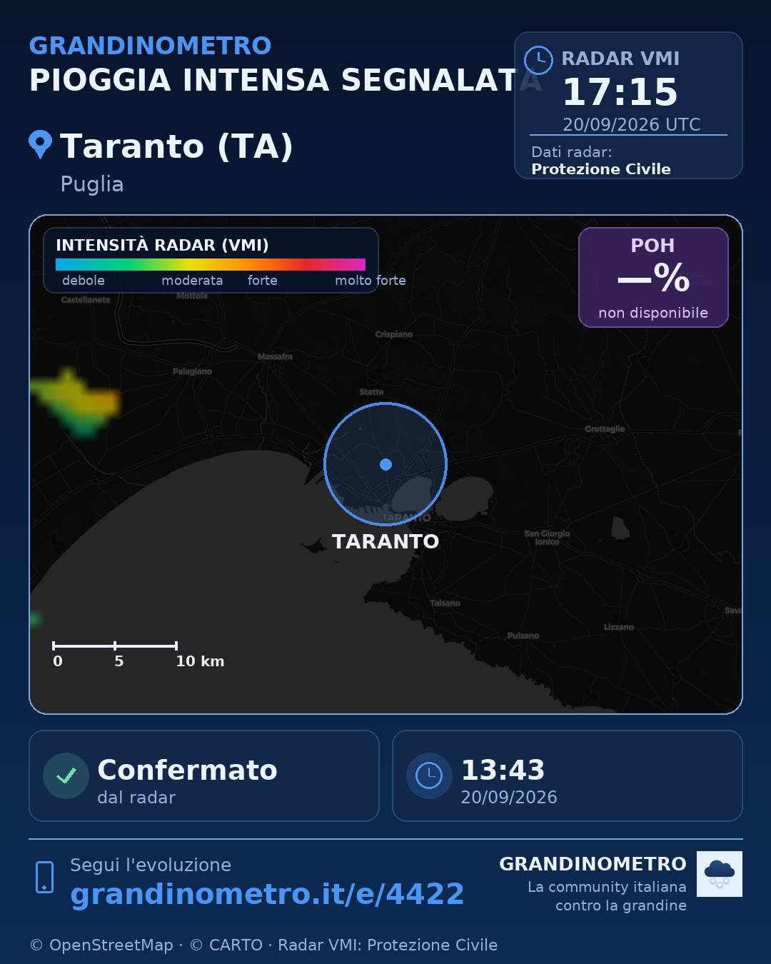 Mappa dell'evento: pioggia intensa a Taranto (TA)