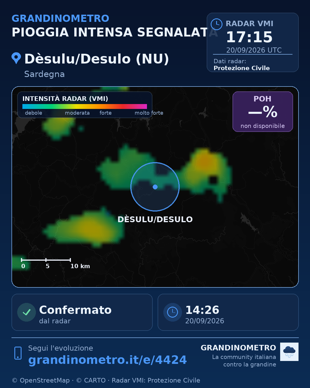 Mappa dell'evento: pioggia intensa a Dèsulu/Desulo (NU)