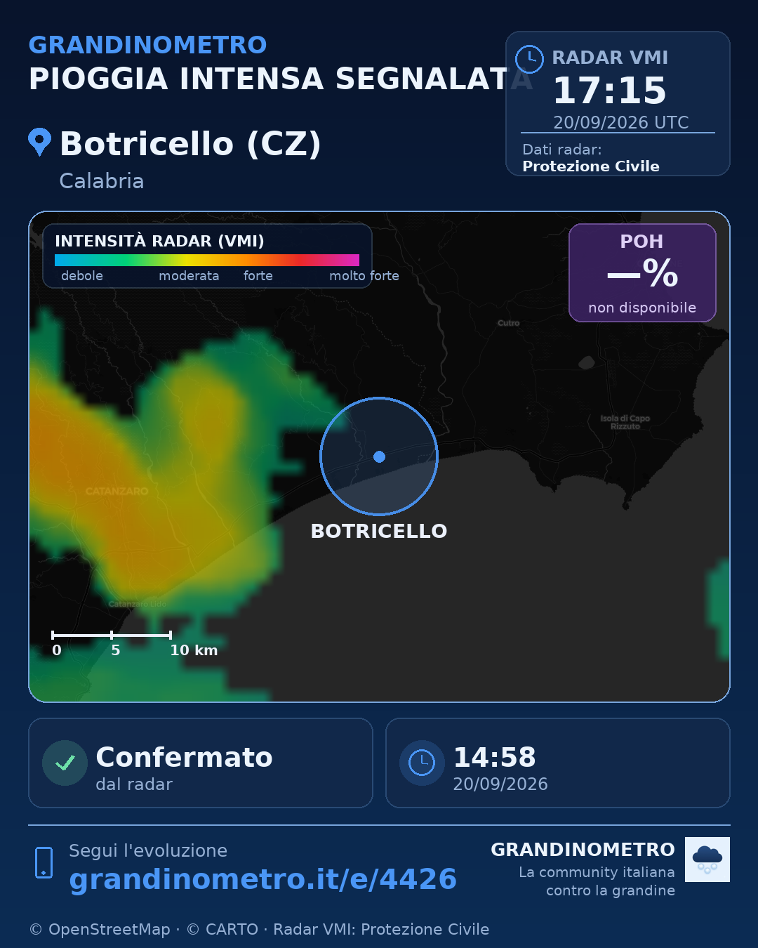 Mappa dell'evento: pioggia intensa a Botricello (CZ)