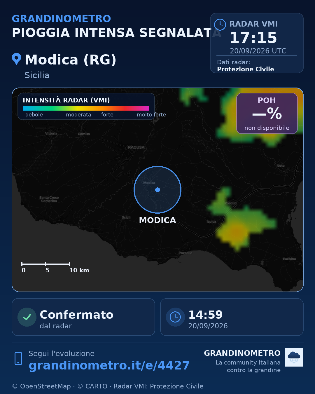 Mappa dell'evento: pioggia intensa a Modica (RG)