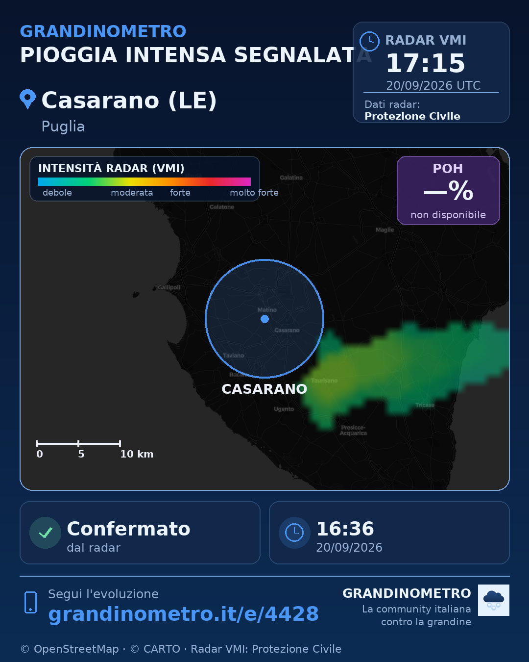 Mappa dell'evento: pioggia intensa a Casarano (LE)