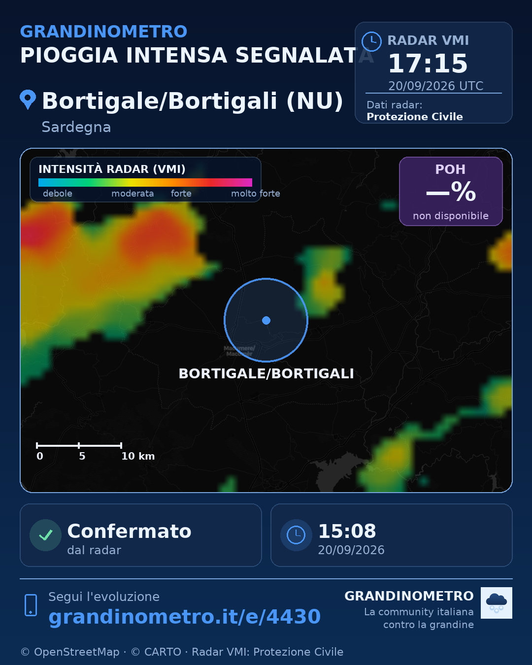 Mappa dell'evento: pioggia intensa a Bortigale/Bortigali (NU)