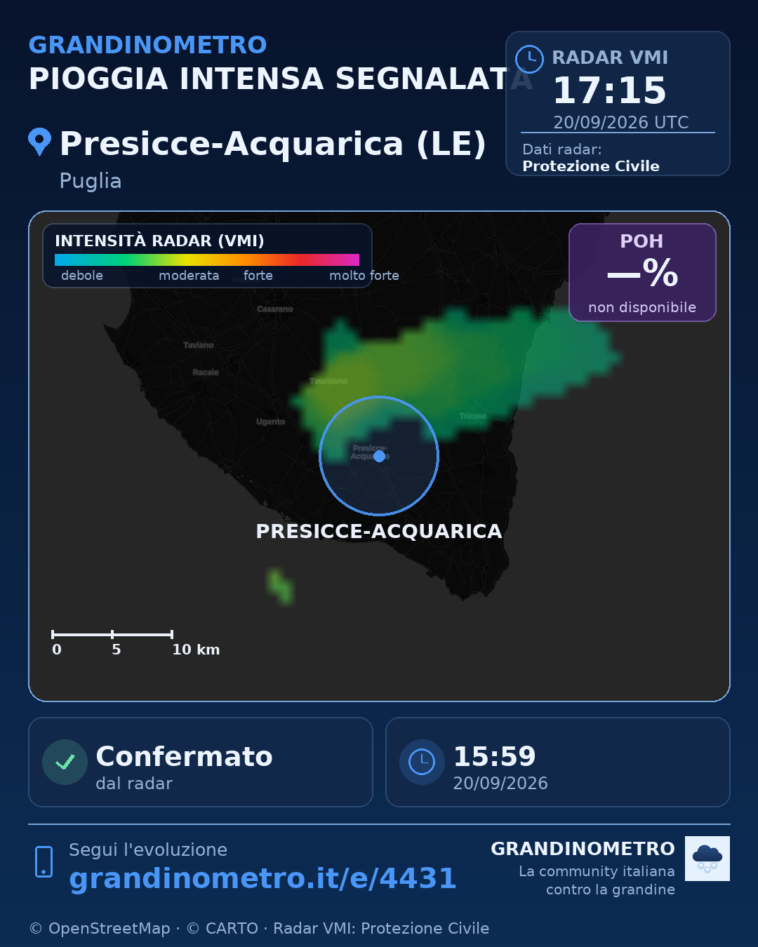Mappa dell'evento: pioggia intensa a Presicce-Acquarica (LE)