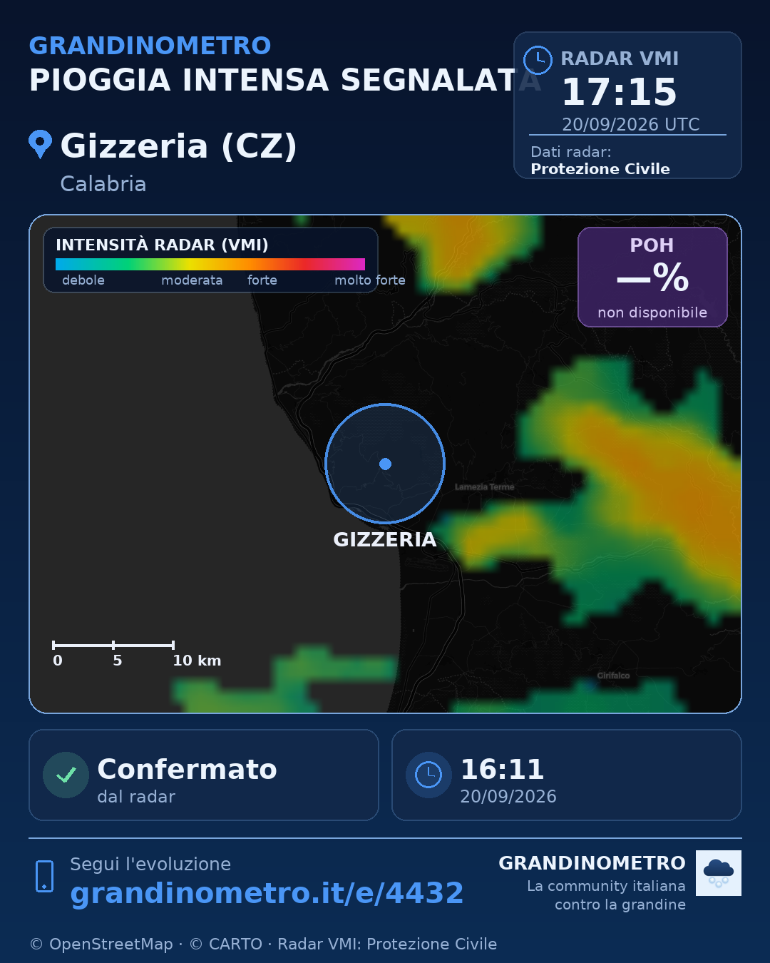 Mappa dell'evento: pioggia intensa a Gizzeria (CZ)