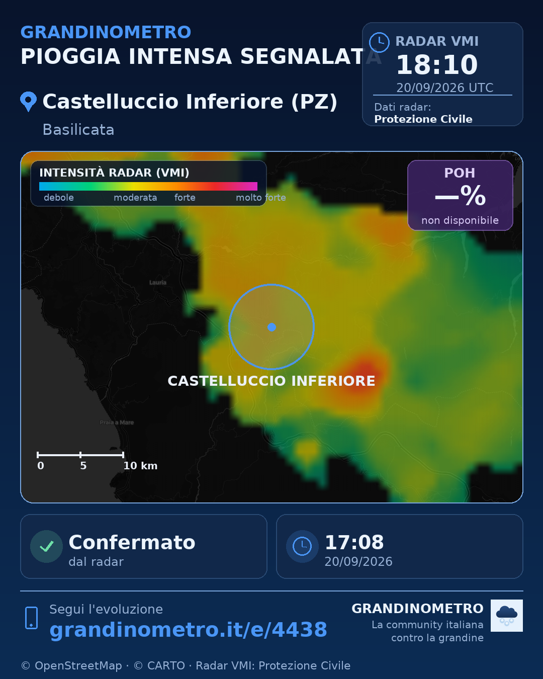 Mappa dell'evento: pioggia intensa a Castelluccio Inferiore (PZ)