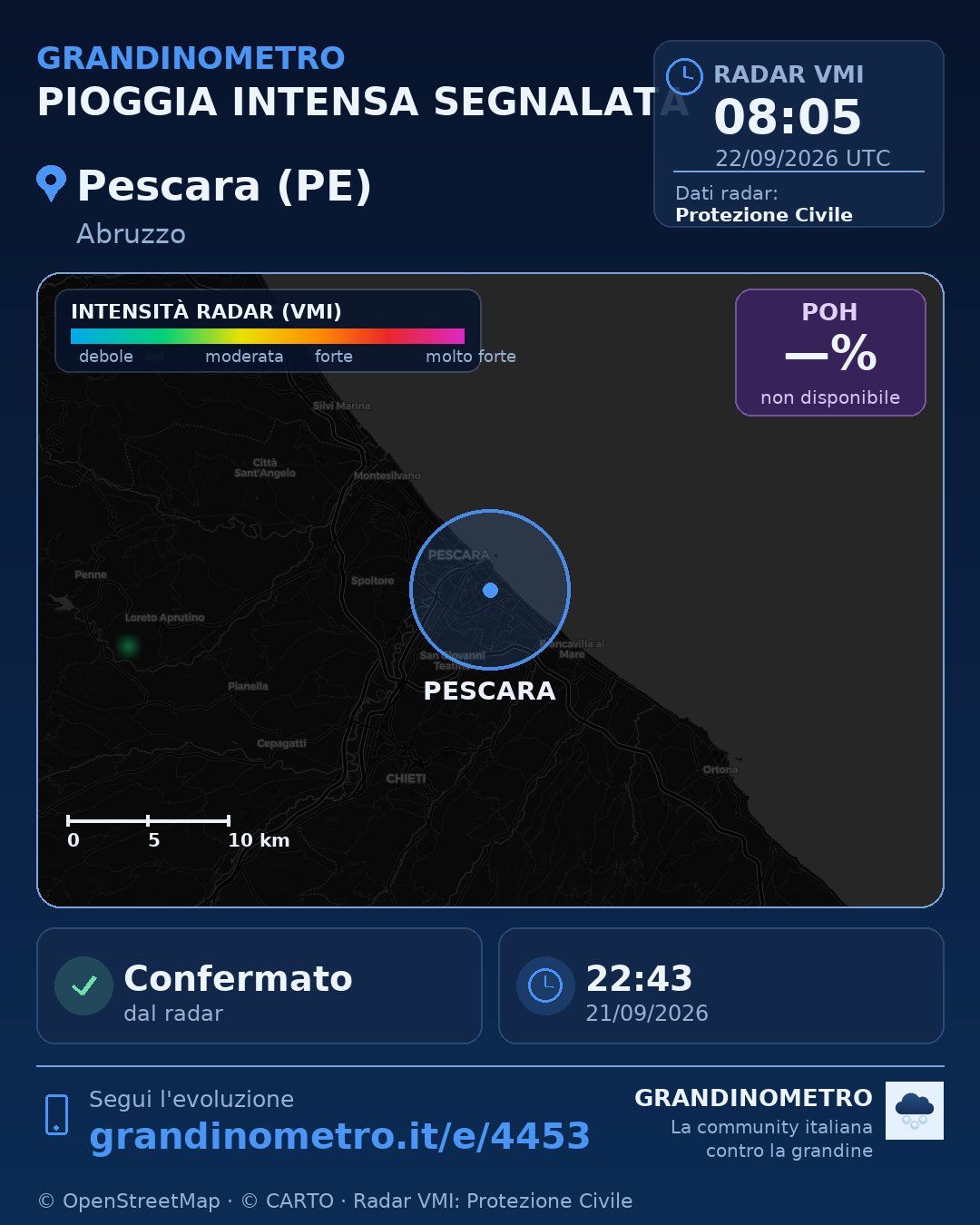 Mappa dell'evento: pioggia intensa a Pescara (PE)