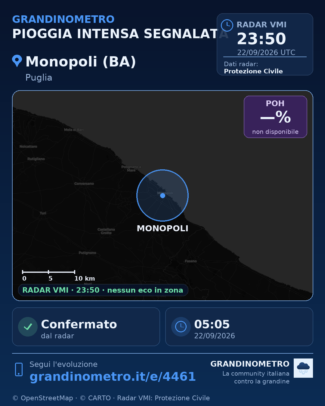 Mappa dell'evento: pioggia intensa a Monopoli (BA)