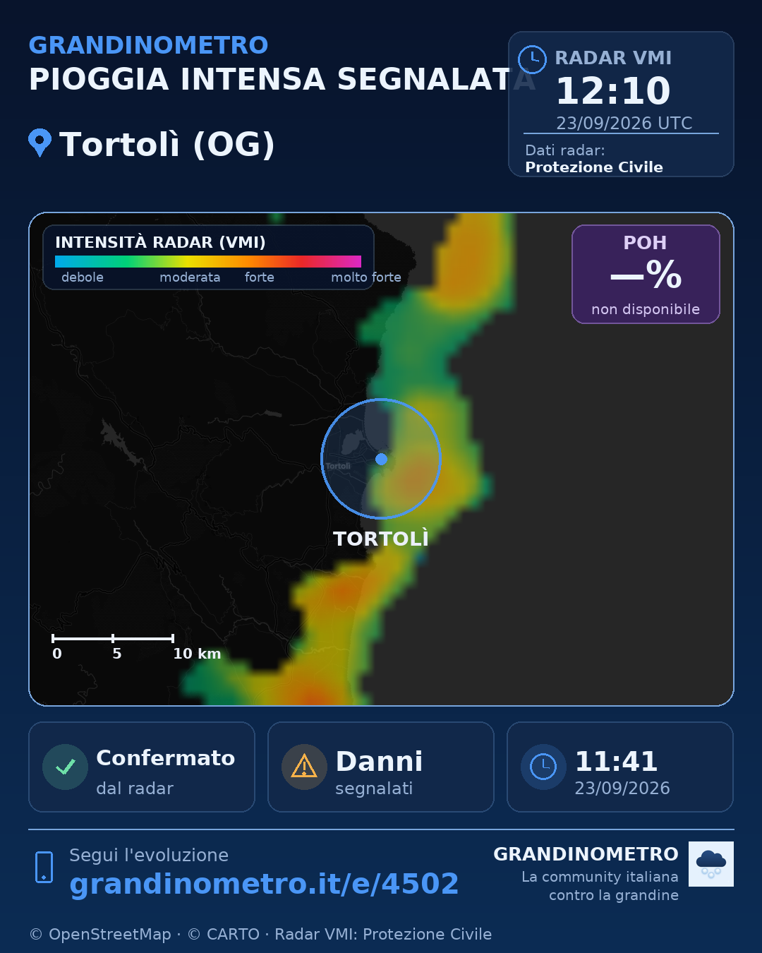 Mappa dell'evento: pioggia intensa a Tortolì (OG)