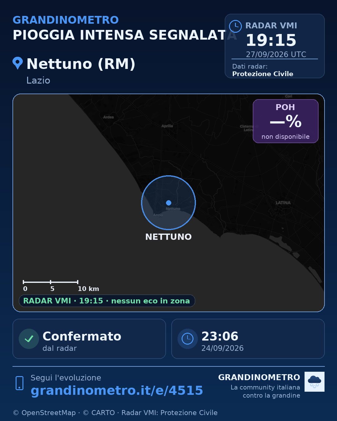 Mappa dell'evento: pioggia intensa a Nettuno (RM)