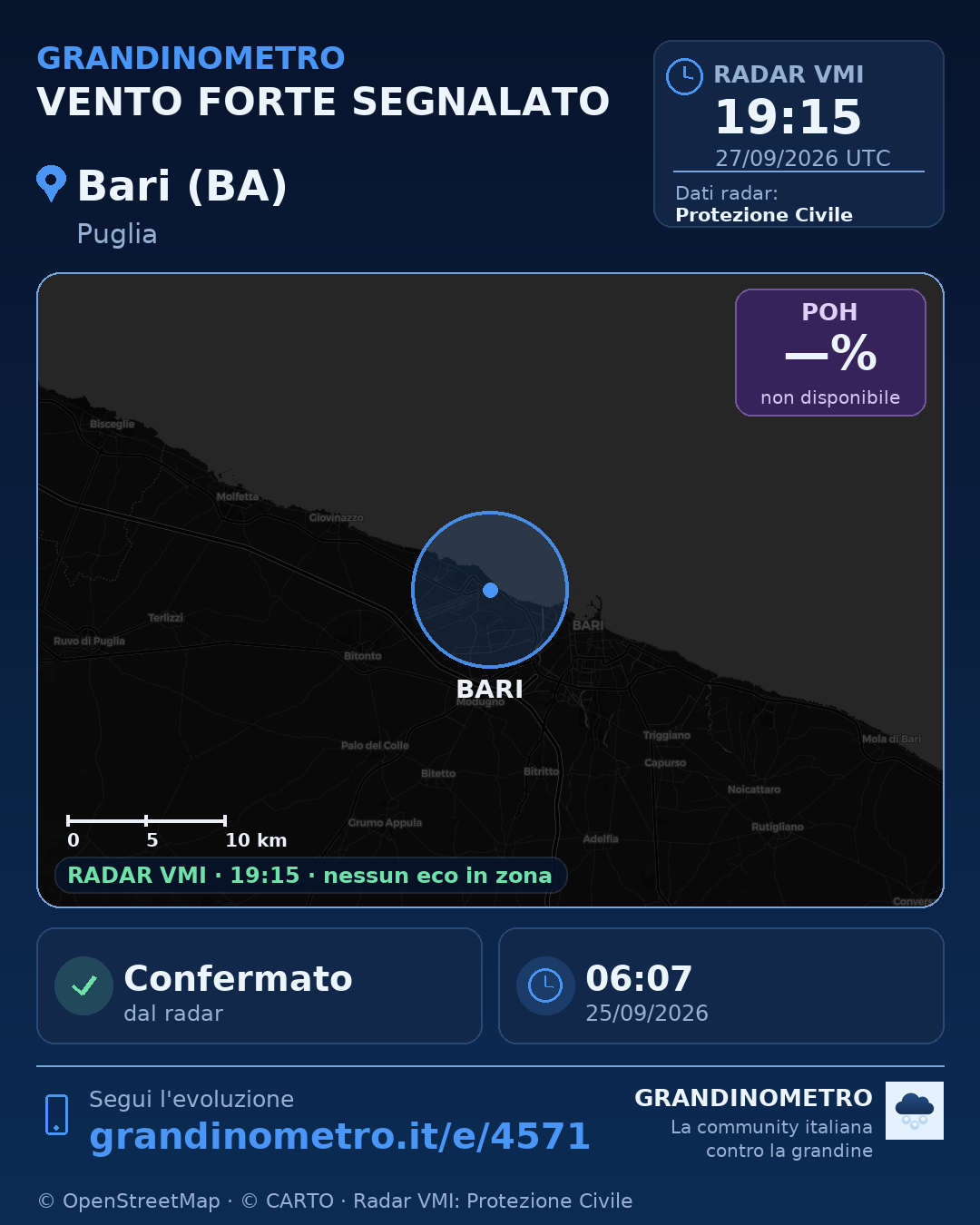 Mappa dell'evento: vento forte a Bari (BA)