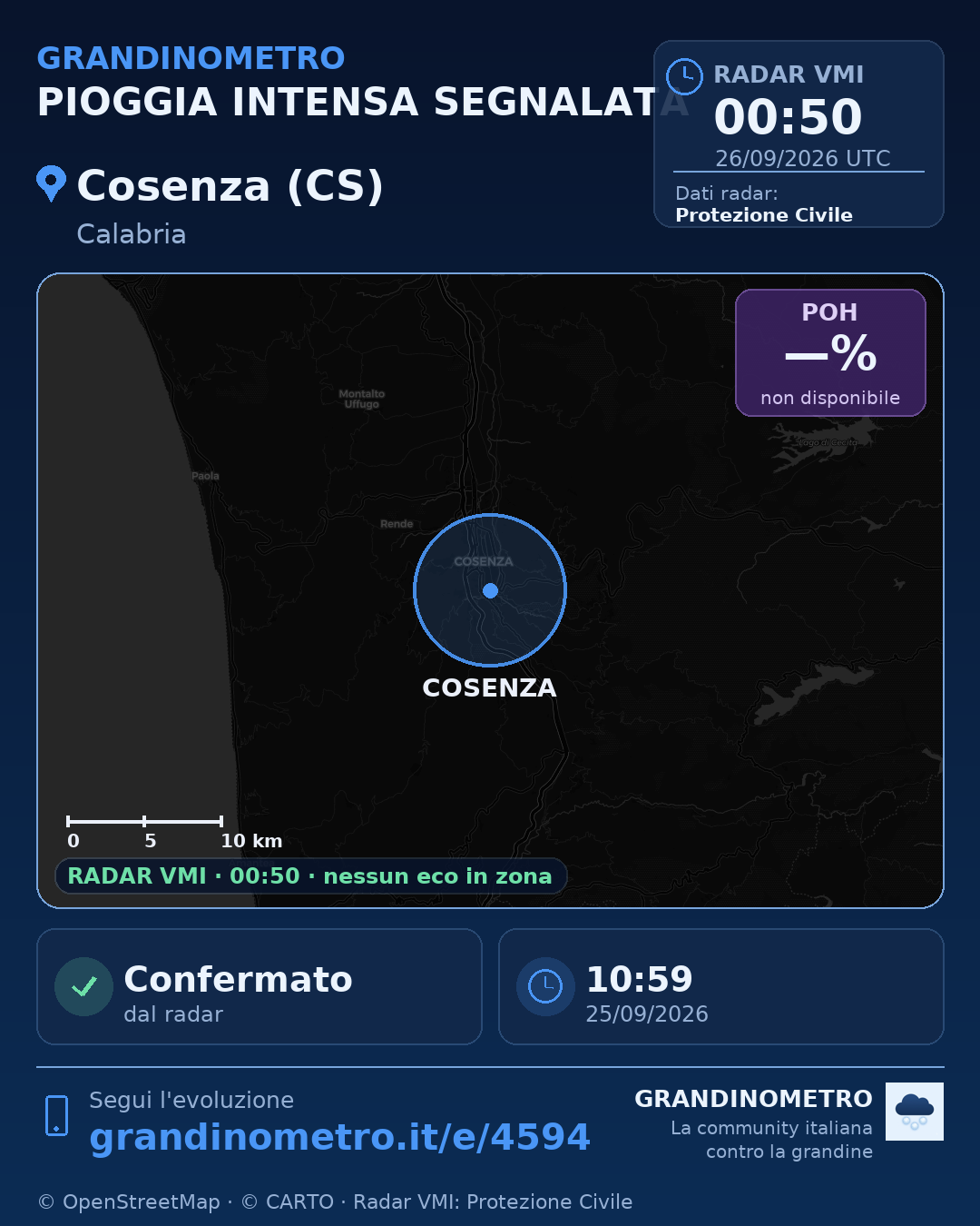 Mappa dell'evento: pioggia intensa a Cosenza (CS)