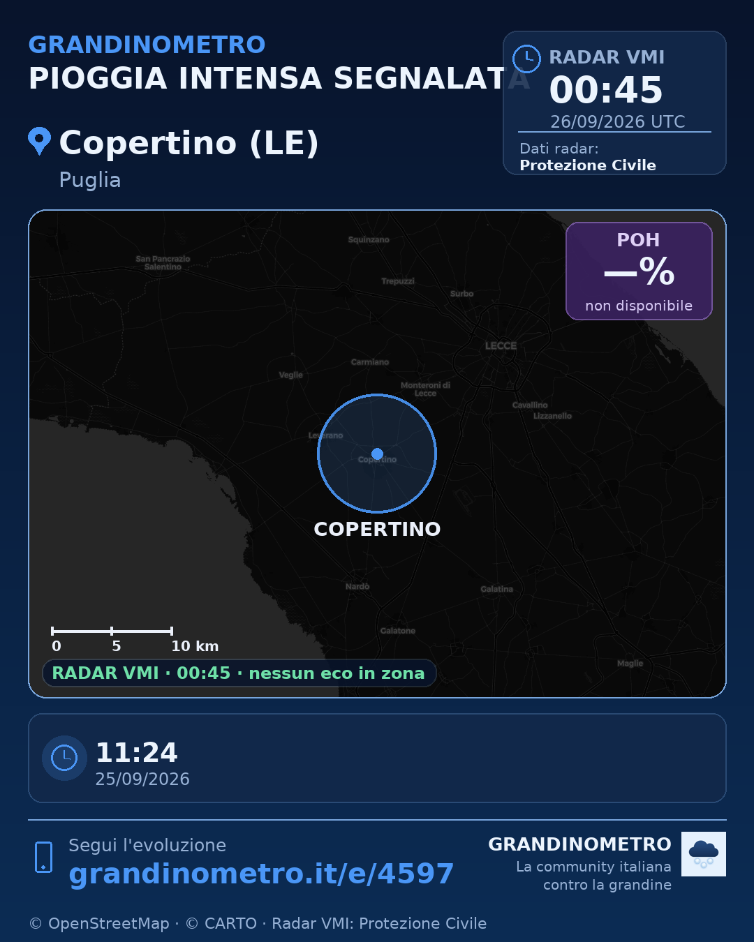Mappa dell'evento: pioggia intensa a Copertino (LE)